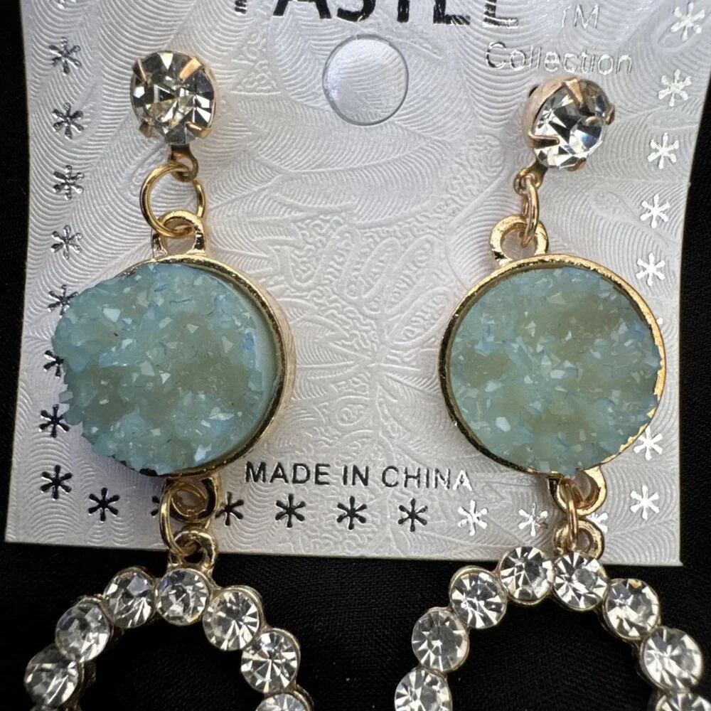 Pastel Faux Blue Green Stone Crystal Gold Rhinestone Earrings Dangle Drop NEW